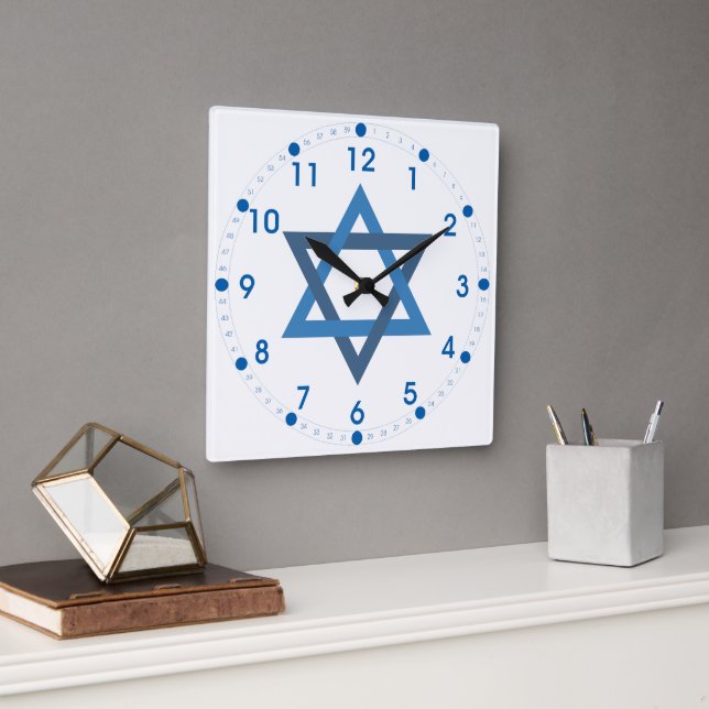 Reloj Cuadrado Estrella feliz de Hanukkah de David White Blue (Oficina)