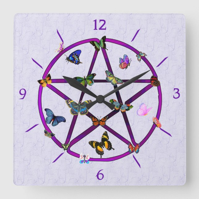 Reloj Cuadrado Estrella y mariposas de Wiccan (Anverso)