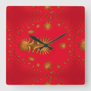 Reloj Cuadrado estrellas doradas fractales, fondo rojo