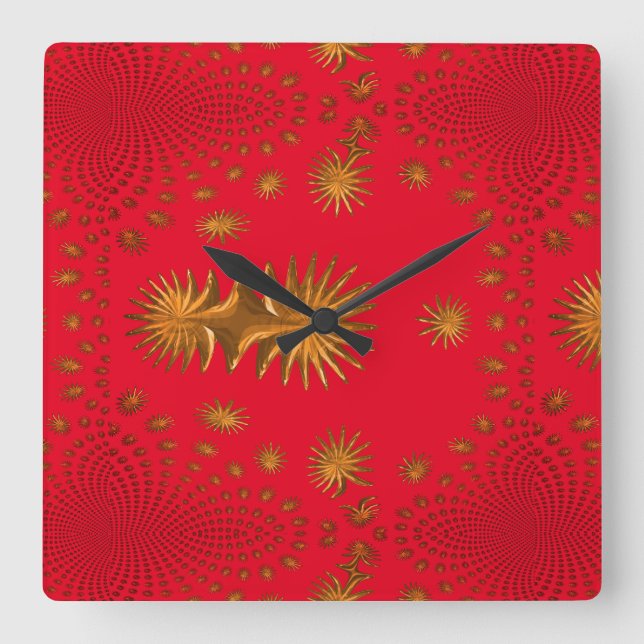 Reloj Cuadrado estrellas doradas fractales, fondo rojo (Anverso)