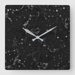 Reloj Cuadrado Estrellas elegantes de mármol negro de plata