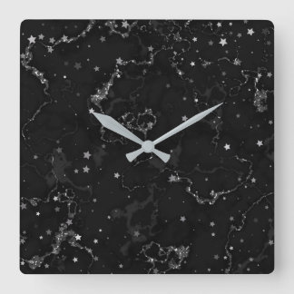 Reloj Cuadrado Estrellas elegantes de mármol negro de plata