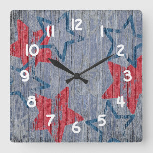 Reloj Cuadrado Estrellas patrióticas rojas y azules - Barnboard a