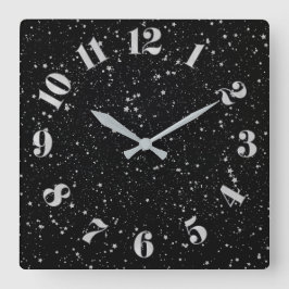 Reloj Cuadrado Estrellas purpurinas2 - Negro plateado