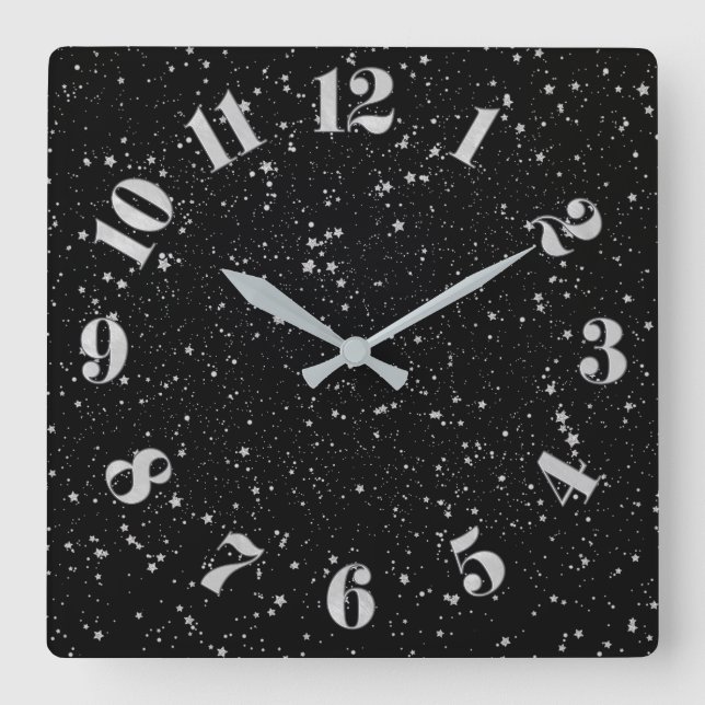 Reloj Cuadrado Estrellas purpurinas2 - Negro plateado (Anverso)