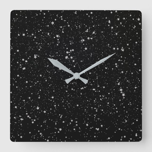 Reloj Cuadrado Estrellas purpurinas2 - Negro plateado (Anverso)