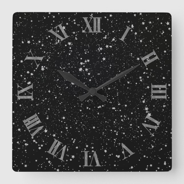Reloj Cuadrado Estrellas purpurinas2 - Negro plateado (Anverso)
