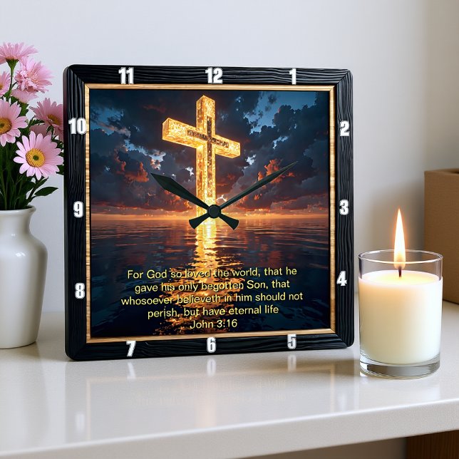 Reloj Cuadrado Eternal Promise The Cross Water Sunset John 3:16  (Subido por el creador)