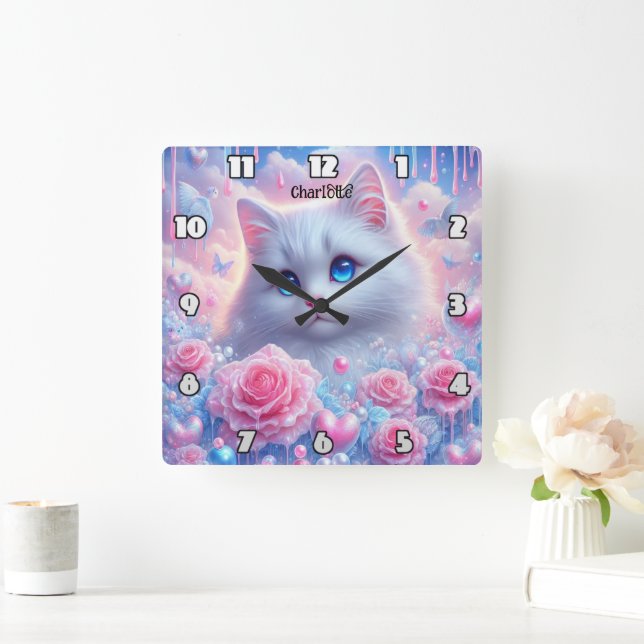Reloj Cuadrado Ethereal Kitty: Rosas, sueños, ojos azules (Hogar)