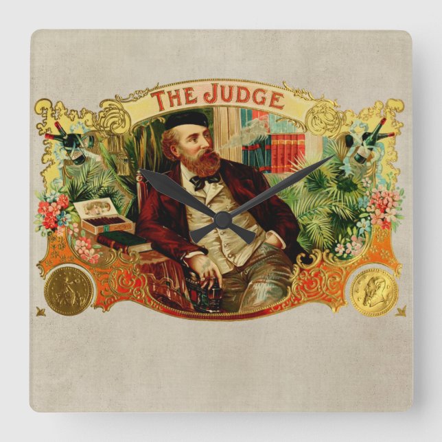 Reloj Cuadrado Etiqueta de la caja de puros del juez vintage (Anverso)