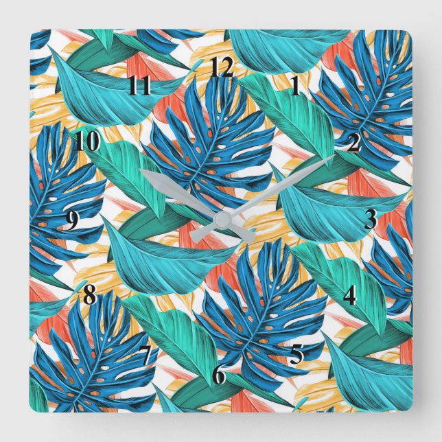 Reloj Cuadrado Exotic Tropical Leaves Wall Clock - Modern (Anverso)