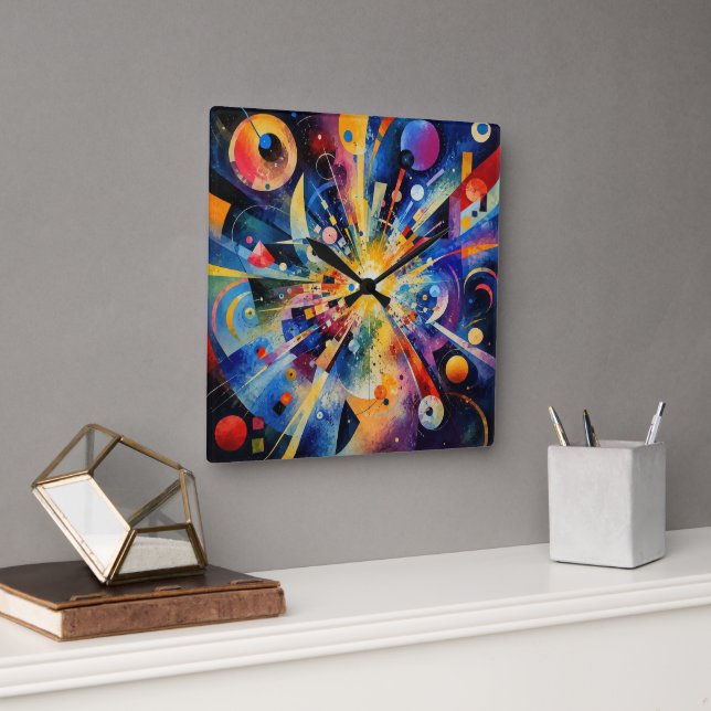 Reloj Cuadrado Explosión Geométrica Cósmica Abstracta (Oficina)