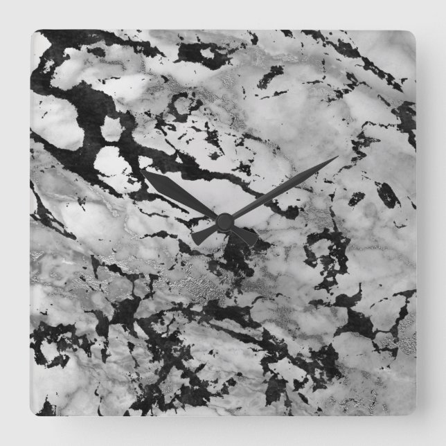 Reloj Cuadrado Extracto negro de plata gris blanco de mármol de (Anverso)