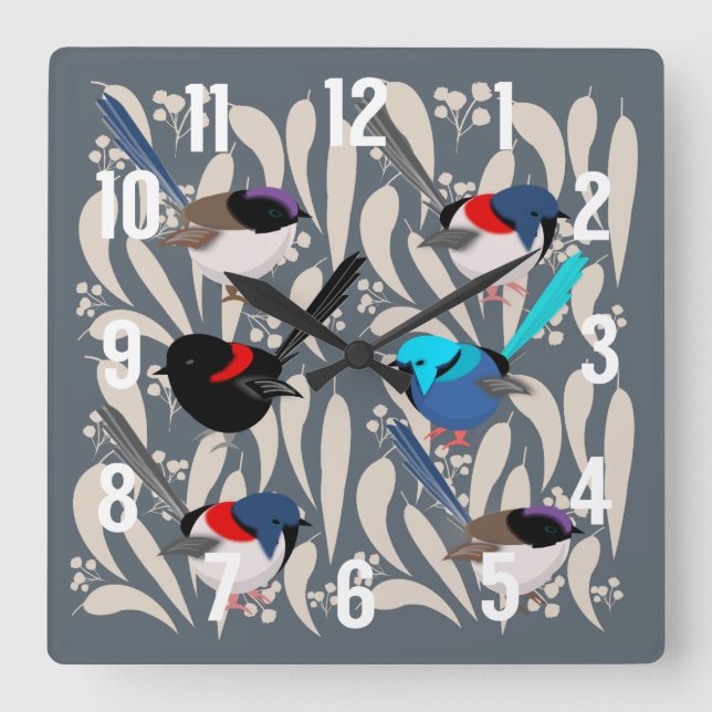 Reloj Cuadrado Fairy Wrens (Anverso)