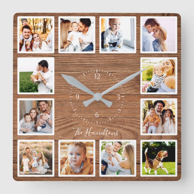 Reloj Cuadrado Familia 12 fotos Collage Farmhouse Rustic Wood (Anverso)