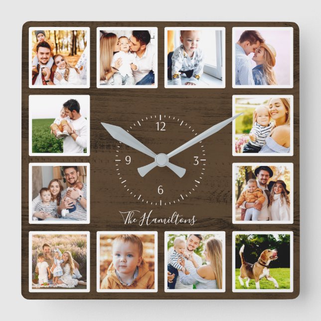 Reloj Cuadrado Familia 12 fotos Collage Farmhouse Rustic Wood (Anverso)