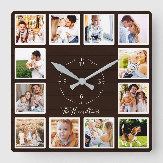 Reloj Cuadrado Familia 12 fotos Collage madera oscura (Anverso)