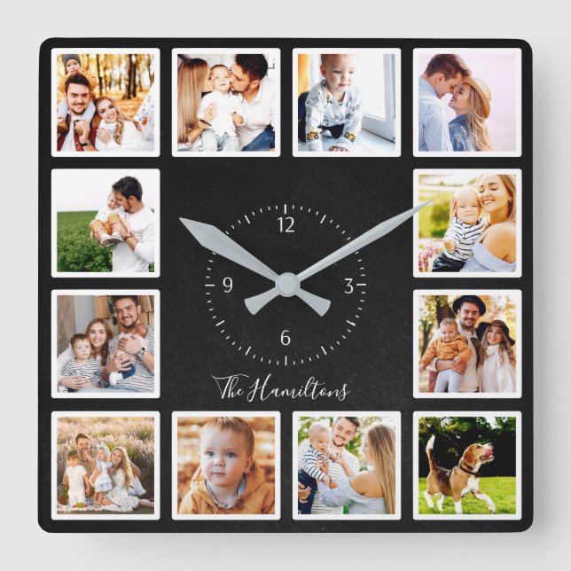 Reloj Cuadrado Familia 12 fotos Collage Moda Moda Black Chalk (Anverso)