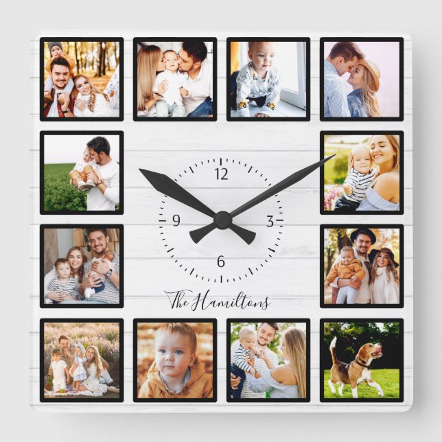 Reloj Cuadrado Familia 12 fotos Collage White Wood (Anverso)