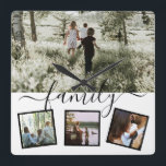 Reloj Cuadrado Familia 4 personalizado de collage de fotos person<br><div class="desc">Único personalizado personalizado por usted - 4 plantilla de collage de fotos con detalles de tipografía - reloj de pared con temática familiar de Ricaso</div>