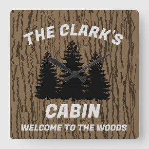 RELOJ CUADRADO FAMILIA CABIN PERSONALIZADO DE MADERA RÚSTICA RELO