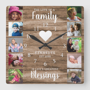 Reloj Cuadrado Familia Collage de fotos cuadrado cita madera rús
