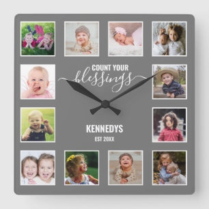 Reloj Cuadrado Familia Collage de fotos personalizada 12 bendicie