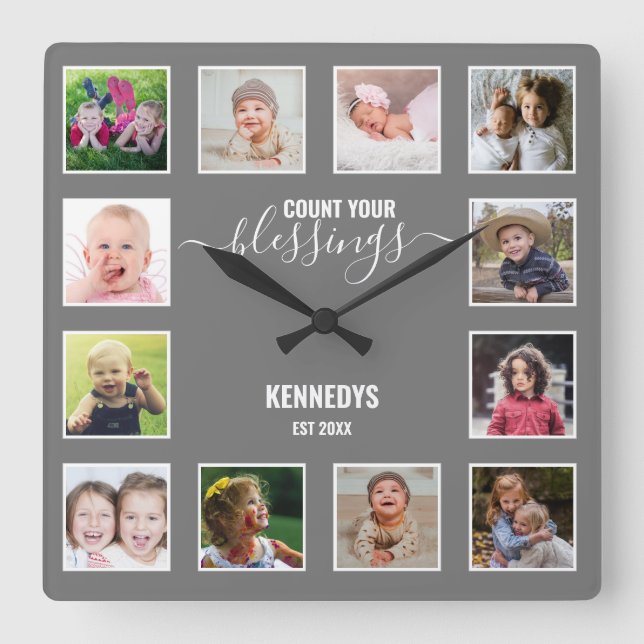 Reloj Cuadrado Familia Collage de fotos personalizada 12 bendicie (Anverso)