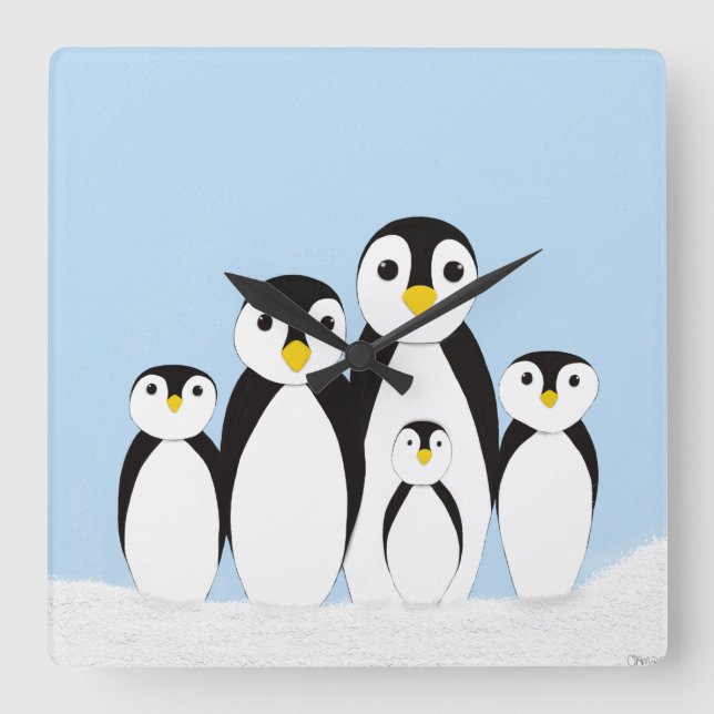 Reloj Cuadrado Familia Cute Penguin (Anverso)
