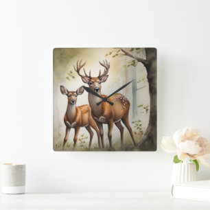 Reloj Cuadrado Familia de ciervos en un claro del bosque fauna