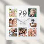 Reloj Cuadrado Familia de collage de fotos de personalizados de 7<br><div class="desc">Un reloj de pared como regalo para el 70 cumpleaños de una mujer,  celebrando su vida con un collage de 7 de tus fotos. Personalice y agregue un nombre,  edad 70 y fecha. Fecha de nacimiento o fecha del aniversario. Letras de color negro y gris. Un fondo blanco moda.</div>