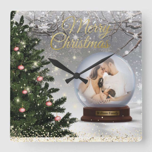 Reloj Cuadrado Familia de nombres de monograma de bola de nieve (Anverso)
