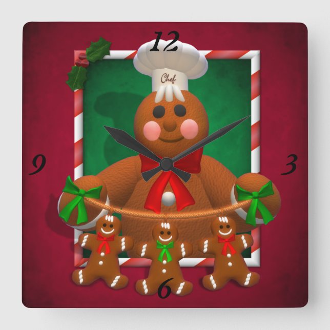 Reloj Cuadrado Familia del pan de jengibre: Panadero divertido (Anverso)