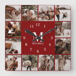 Reloj Cuadrado Familia moderna 12 Collage de fotos   Monograma Ke