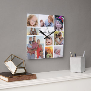 Reloj Cuadrado Familia Monograma Ocho Foto Personalizada