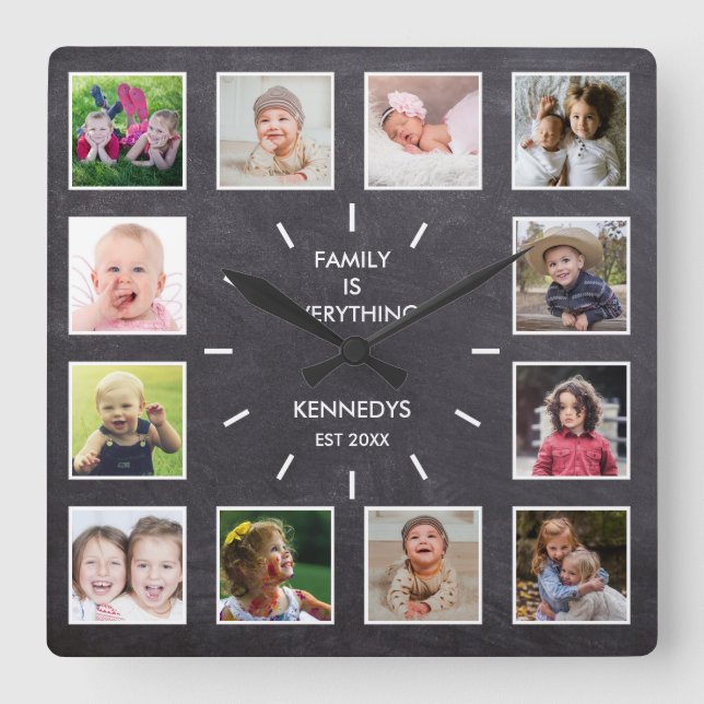 Reloj Cuadrado Familia personalizada de Chalkboard de 12 Collages (Anverso)