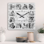 Reloj Cuadrado Familia personalizado Collage de fotos Blanco Eleg<br><div class="desc">Personaliza fácilmente este reloj de pared elegante de madera blanca con tus fotos personalizados. La plantilla utiliza un filtro de fotos en blanco y negro para crear un aspecto más coordinado. Para obtener los mejores resultados, recortar las imágenes a cuadrado - con el punto de enfoque en el centro -...</div>