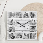 Reloj Cuadrado Familia personalizado Collage de fotos Blanco Eleg<br><div class="desc">Personaliza fácilmente este reloj de pared elegante de madera blanca con tus fotos personalizados. La plantilla utiliza un filtro de fotos en blanco y negro para crear un aspecto más coordinado. Para obtener los mejores resultados, recortar las imágenes a cuadrado - con el punto de enfoque en el centro -...</div>