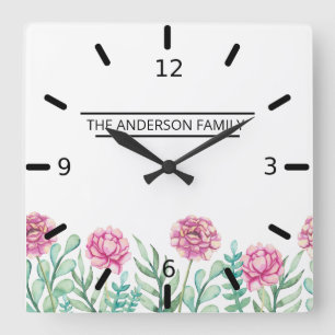 Reloj Cuadrado Familia Personalizado Pink Peonies Floral