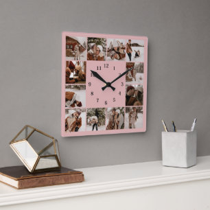Reloj Cuadrado Familia Rubor rosa simple 12 Collage de fotos Keep