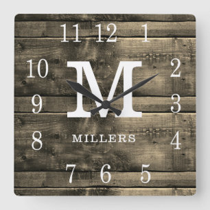 Reloj Cuadrado Familia Rusn Barn Wood Monogram