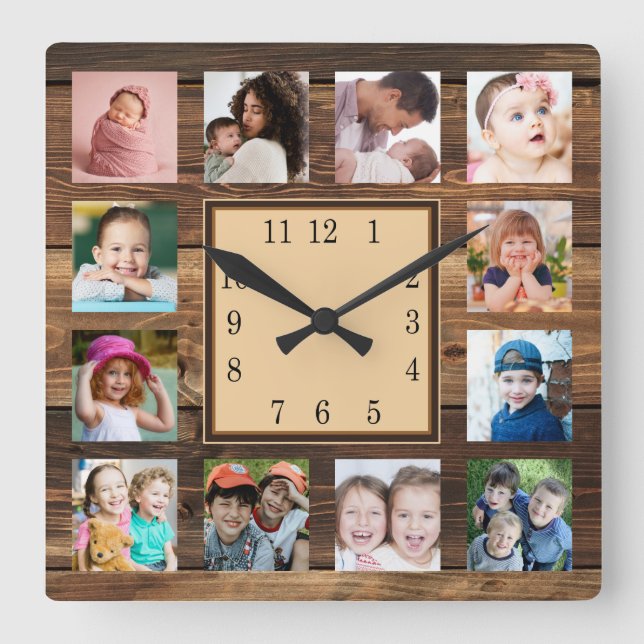Reloj Cuadrado Familia Rustic Dark Wood Keepsake 12 Collage de fo (Anverso)