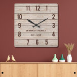 Reloj Cuadrado Familia Rustic Wood Nombre Farmhouse Kitchen<br><div class="desc">Sencillo reloj de pared rústico de una casa de campo de madera personalizado con nombre familiar y año establecido. Hace un regalo para el cambio de hogar,  las vacaciones y los bodas.</div>