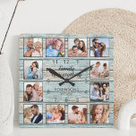 Reloj Cuadrado Family Is Everything Quote Photo Collage Blue<br><div class="desc">Easily create your own personalized blue rustic driftwood planks lake house style wall clock with your custom photos. The design also features a beautiful handwritten script quote: "Family is everything". For best results,  crop the images to square - with the focus point in the center - before uploading.</div>