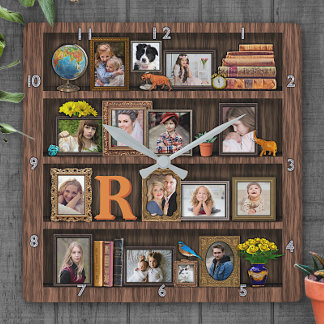 Reloj Cuadrado Family Photo Collage Antique Bookcase Personalized