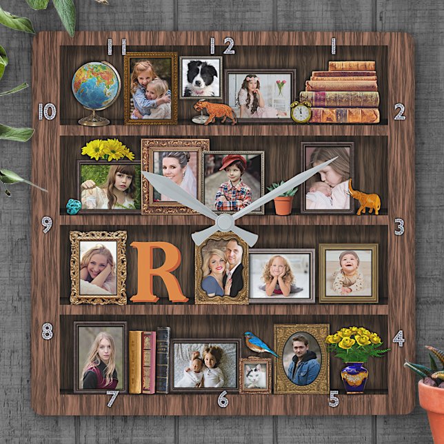 Reloj Cuadrado Family Photo Collage Antique Bookcase Personalized (Subido por el creador)
