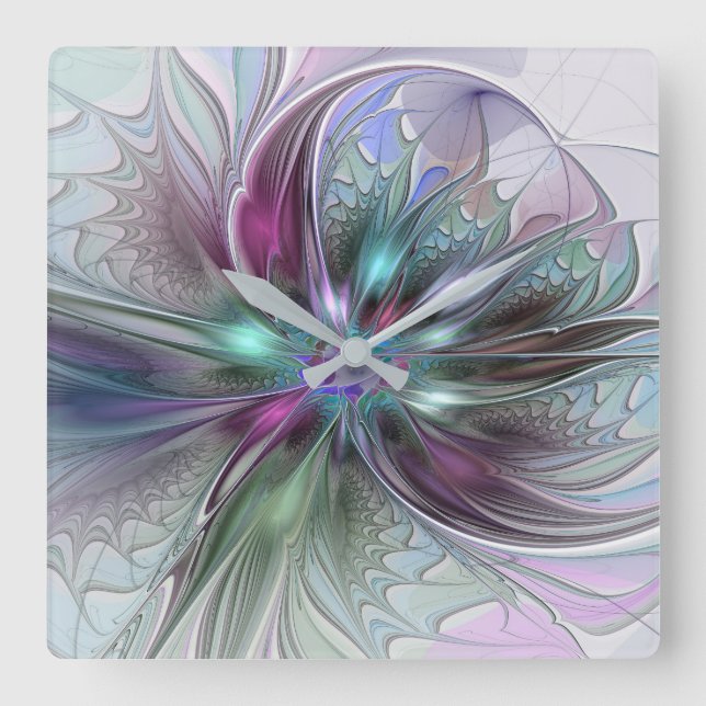 Reloj Cuadrado Fantasía colorida Resumen Flor Fractal Moderna (Anverso)