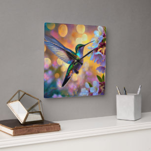 Reloj Cuadrado Fantasía de flor de cerezo Colibrí