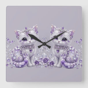 Reloj Cuadrado Fantasía de gatito enjoyado de púrpura real