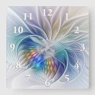 Reloj Cuadrado Fantasía floral, flor fractal abstracta colorida